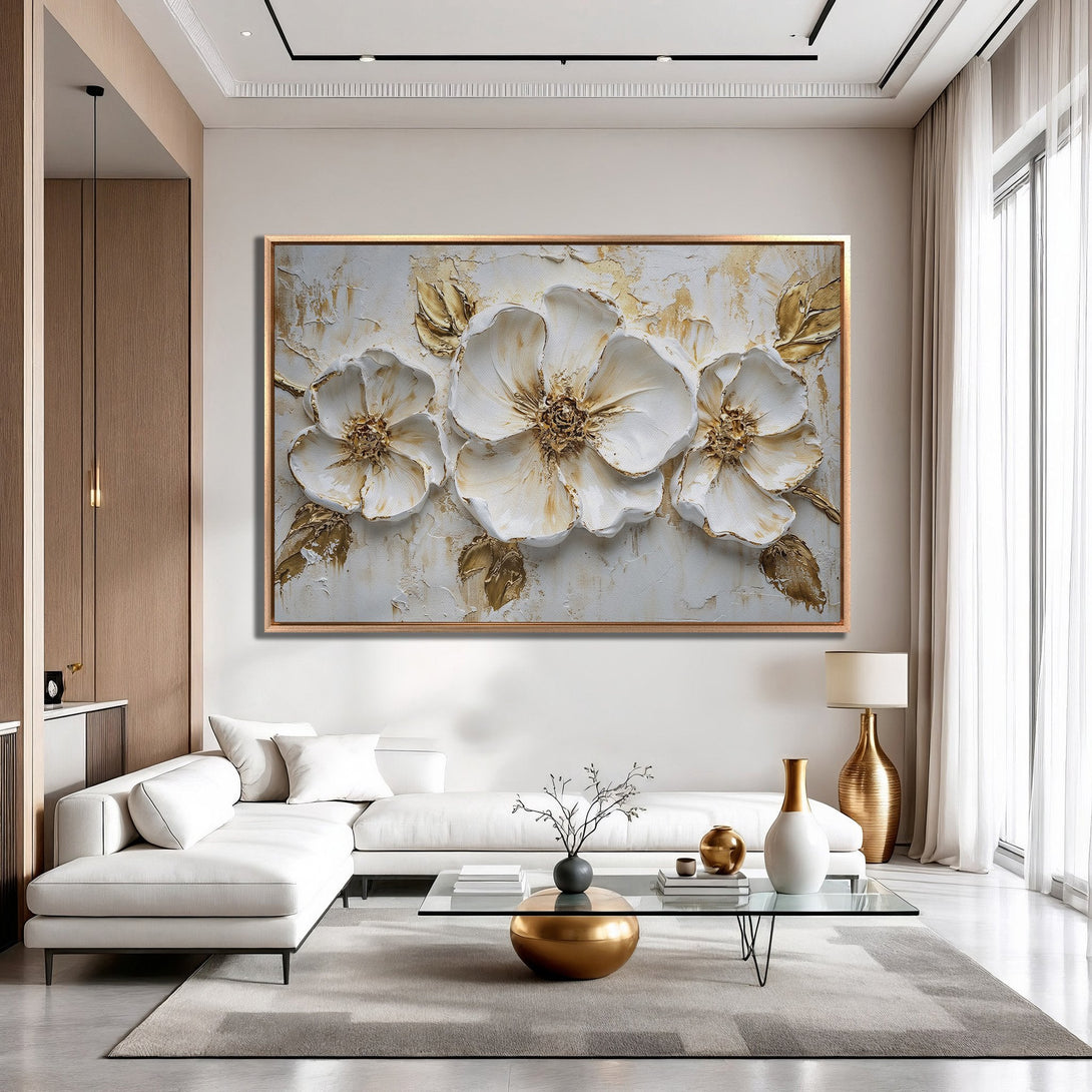 Framed Wall Art: Elegant floral canvas print in white and gold, perfect for modern home decor. Adds a touch of luxury.