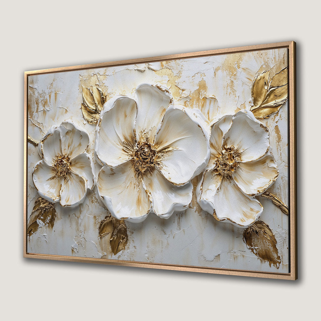 Framed Wall Art: Textured white and gold floral canvas print. Elegant, modern art with a neutral color palette for a touch of luxury.