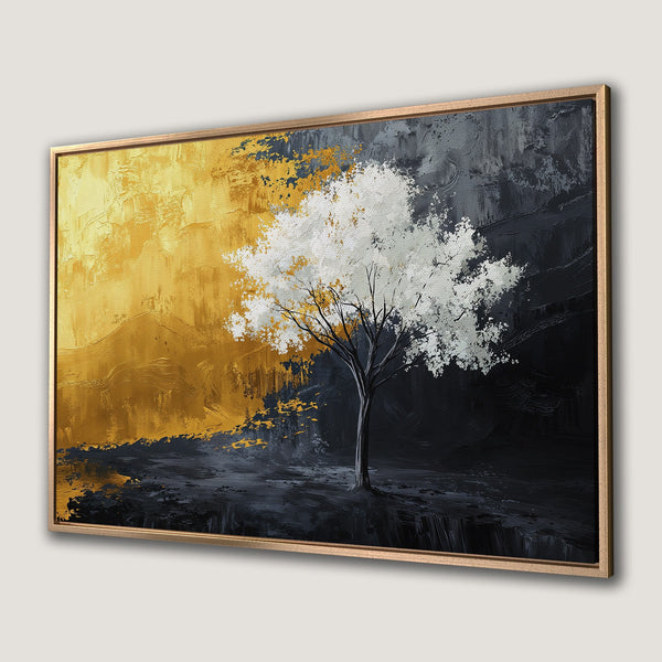 Framed Wall Art: Abstract tree painting in gold, white, and black. Modern canvas print adds elegant style to any room.