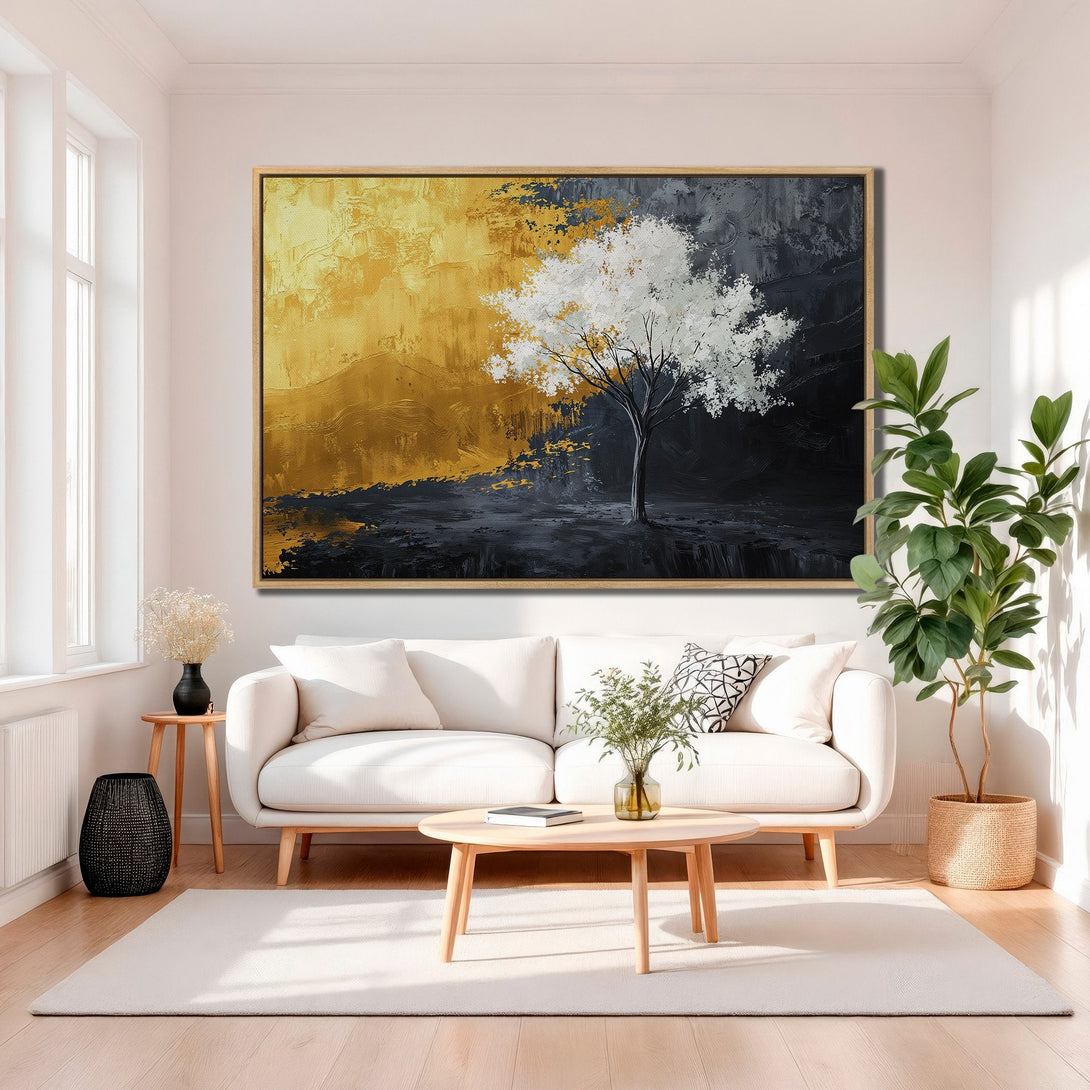 Framed Wall Art featuring an abstract tree painting in gold, black, and white. Modern art for living room decor.