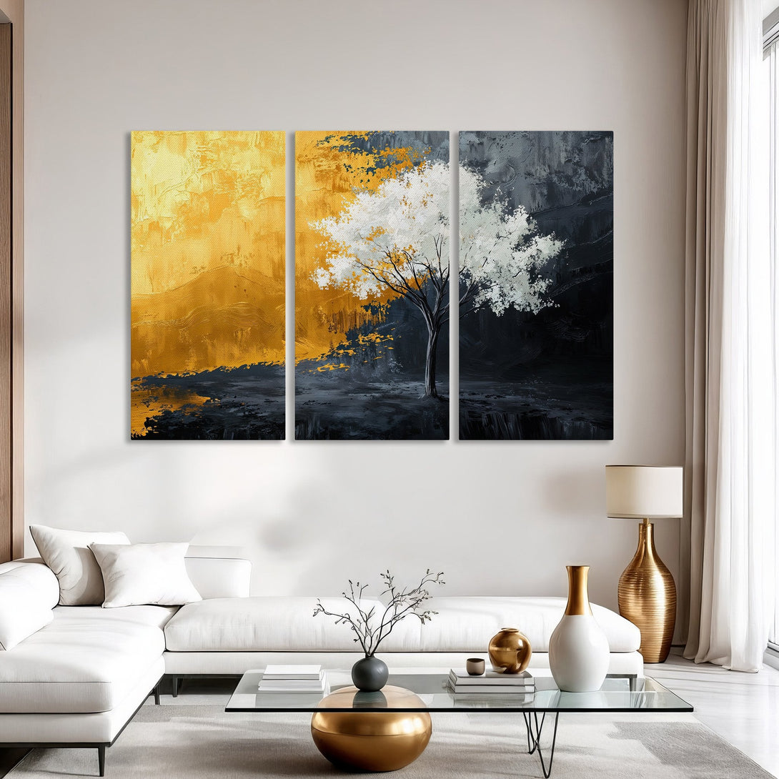 Abstract tree Canvas Print in gold, white, and black. Modern art for living room decor. Enhance your space with this stunning wall art!