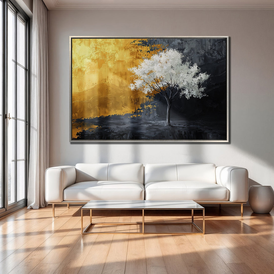 Framed Wall Art: Abstract tree painting in gold, white, and black. Modern canvas print adds a touch of elegance to any living room.