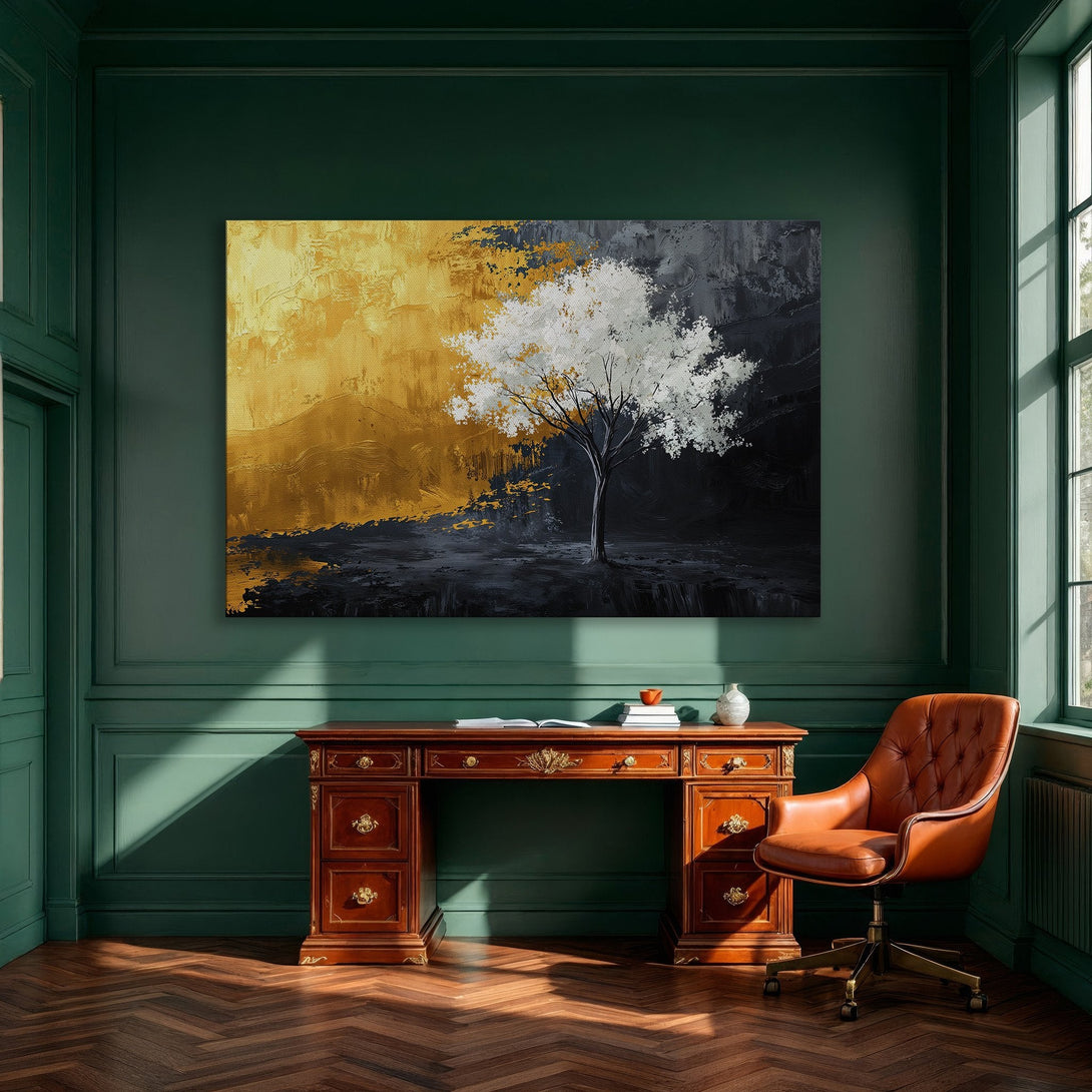 Framed Wall Art: Abstract tree painting in gold, white, and black. Modern canvas print for dining room decor. Adds elegance and style to any space.