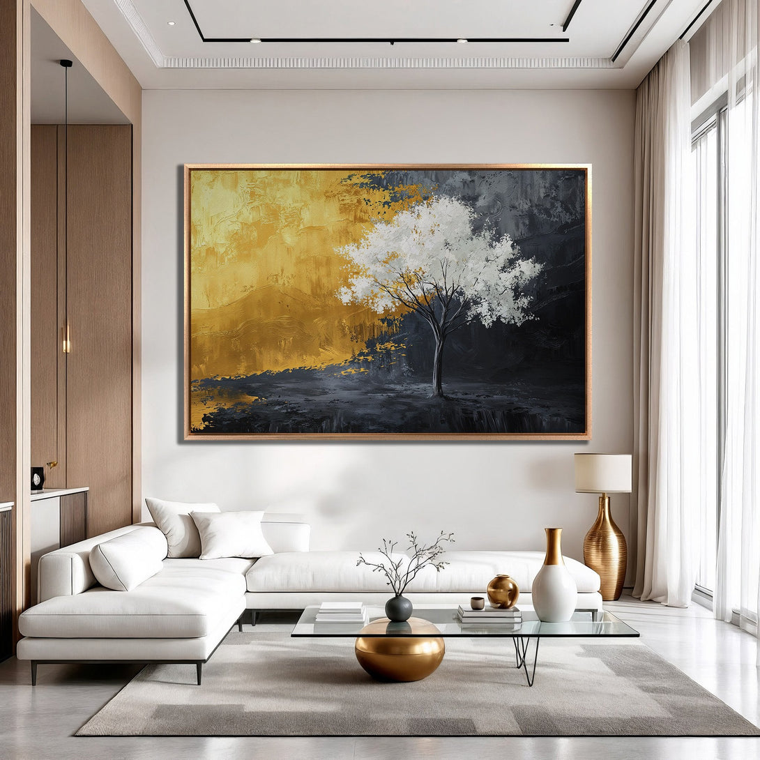Framed Wall Art: Abstract tree painting in gold, black, and white. Modern art canvas print for living room decor.