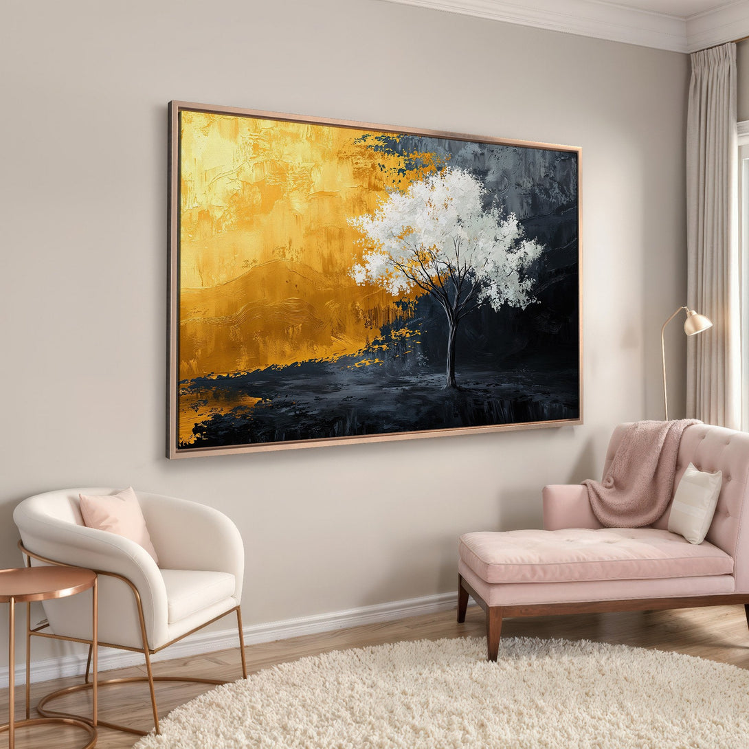 Framed Wall Art: Abstract tree painting with gold, black, and white palette. Modern art canvas print adds elegance to any interior. Shop now!