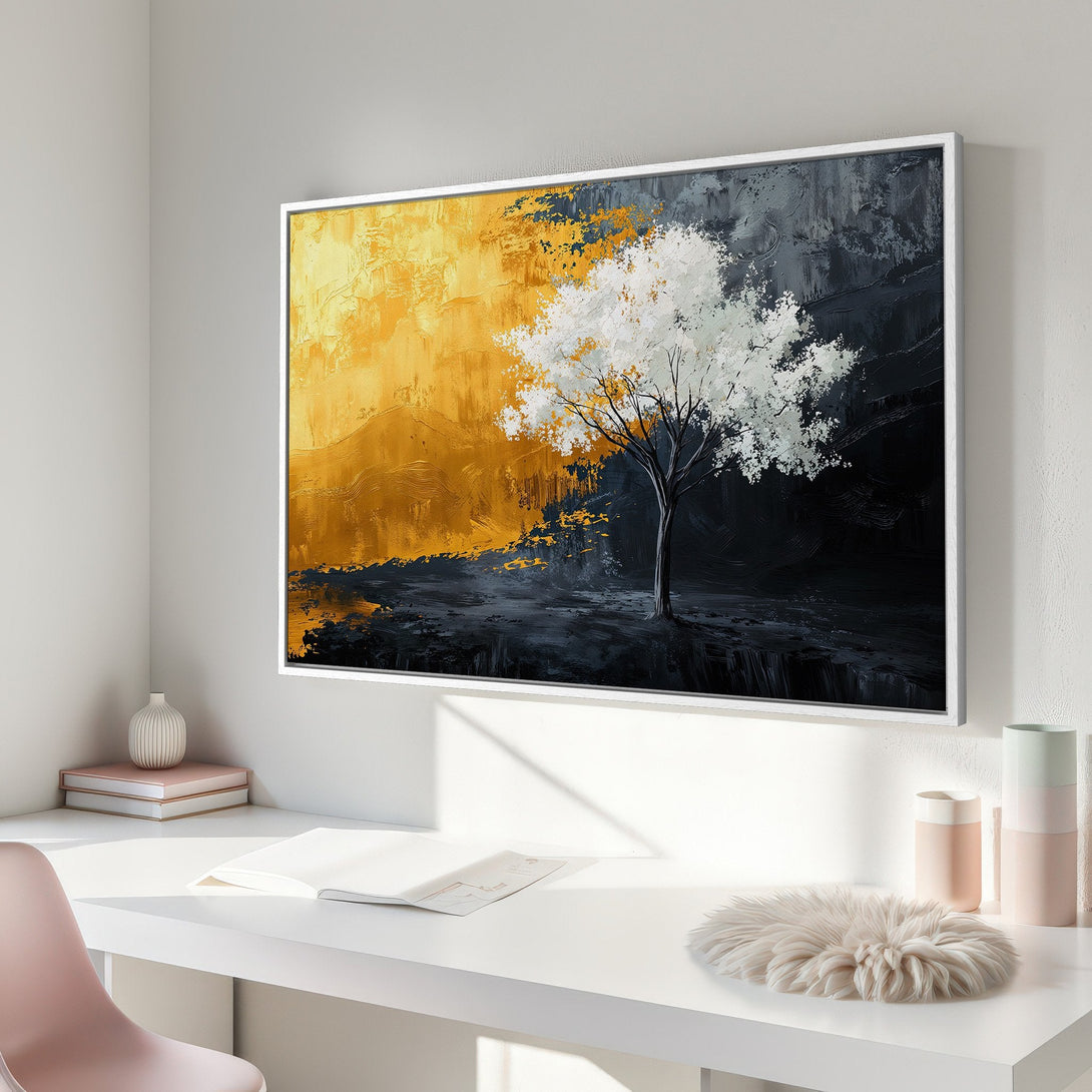 Framed Wall Art: Abstract tree painting in gold, black, and white. Modern, textured art for your home. Shop now!
