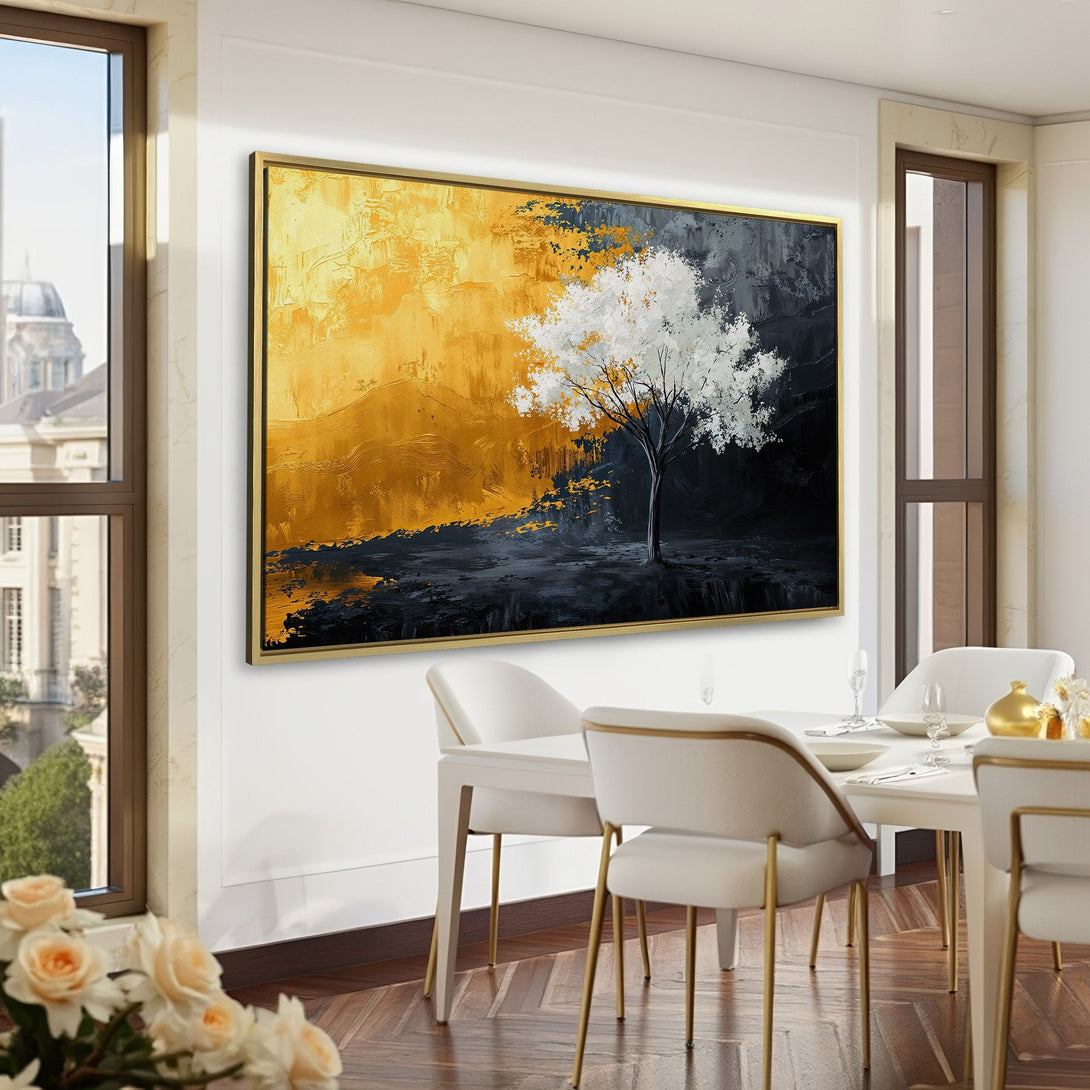 Abstract Canvas Print of a tree in gold, white, and black. Modern art for your home. Dramatic color palette.