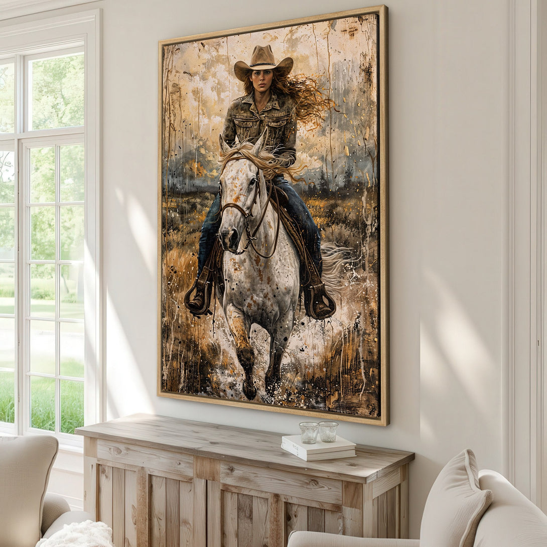 Framed Wall Art: Cowgirl on a white horse, abstract style with a warm, earthy color palette. Perfect for rustic decor.