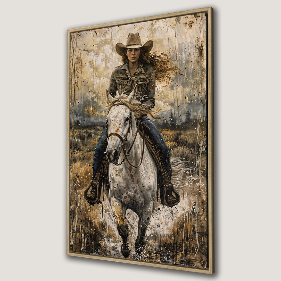 Framed Wall Art: Cowgirl on horseback, a stunning painting in a rustic style. Earthy tones of brown, gold, and white create a captivating Western aesthetic. Perfect wall decor.