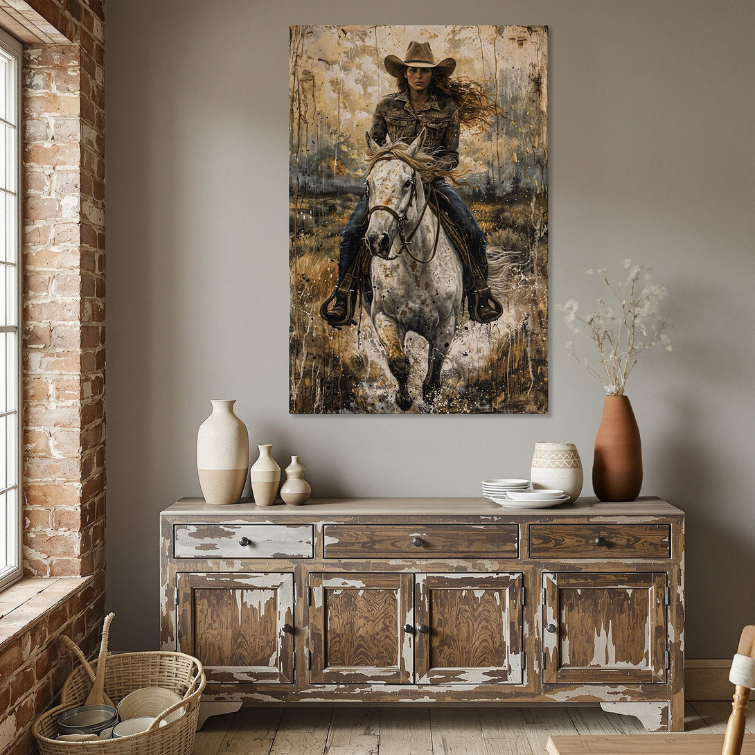Framed Wall Art: Cowgirl on horse in abstract style, warm earthy tones. Perfect for rustic decor. Add a touch of the wild west to your space!
