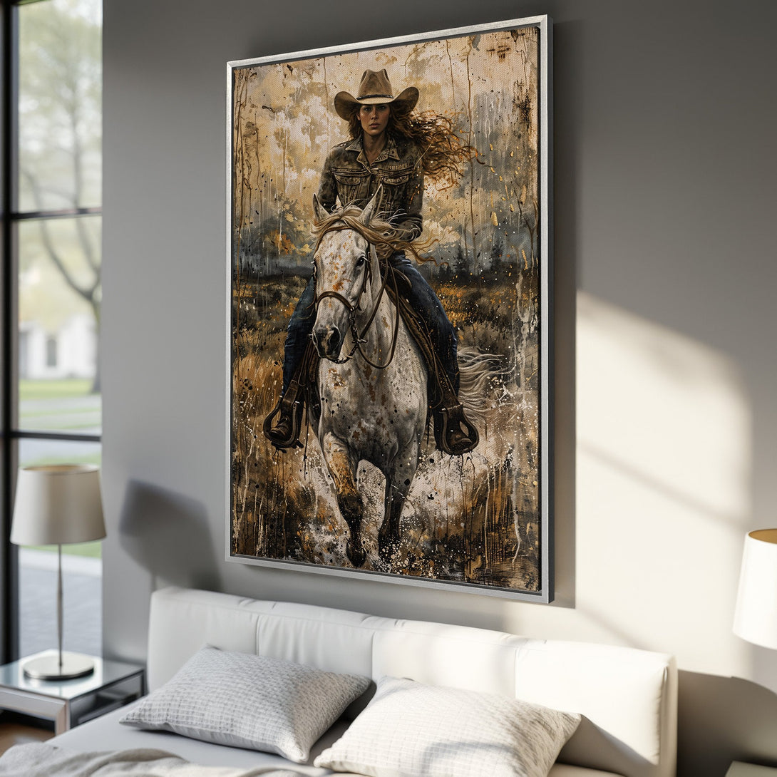 Framed Wall Art of a cowgirl on horseback. Abstract style, warm earth tones with pops of white and black. Perfect for rustic decor.