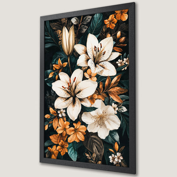 Framed Poster featuring white lilies & orange flowers on a dark background. Botanical art print in a modern style with a warm color palette.