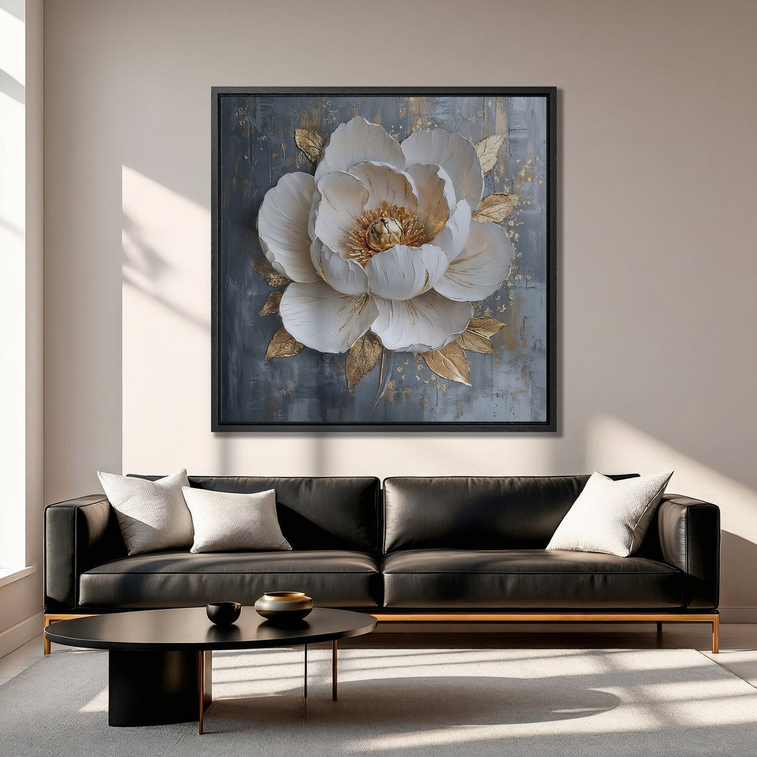 Framed Wall Art: Elegant floral canvas print in white and gold against a moody gray backdrop. Modern art for sophisticated home decor.