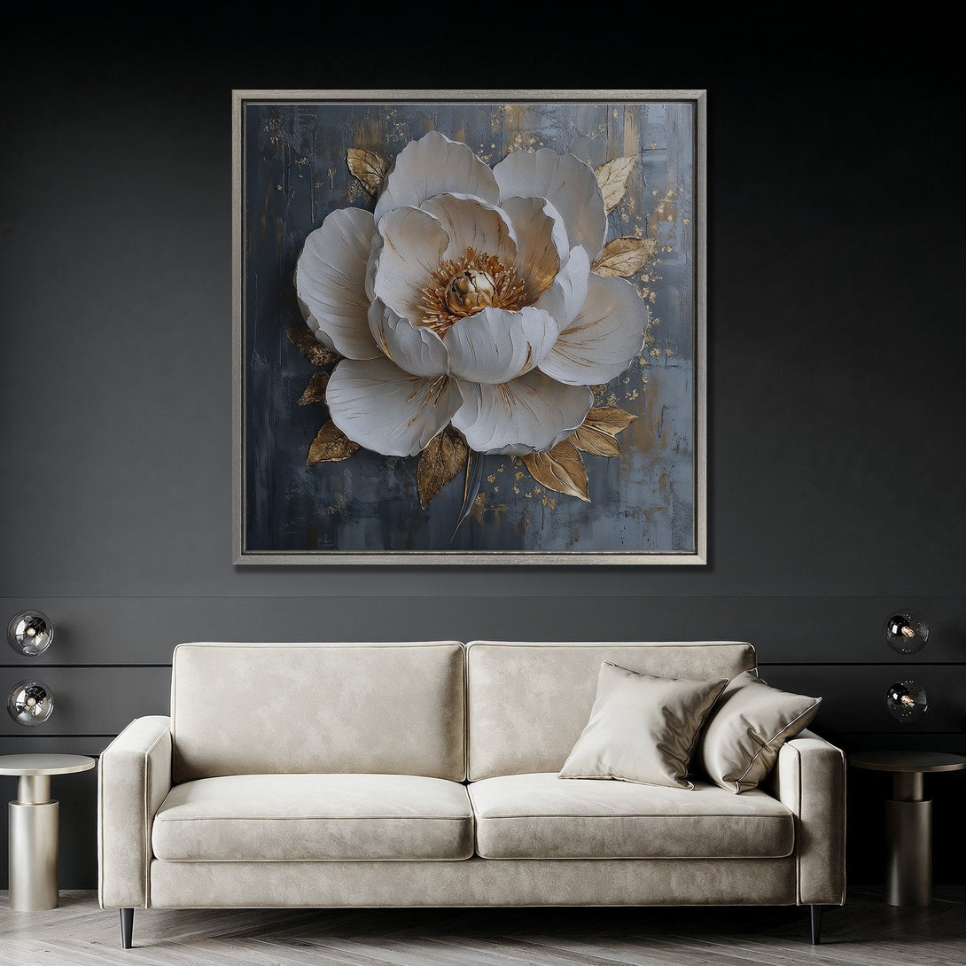 Framed Wall Art: Elegant floral canvas print in neutral tones with gold accents. Modern decor for living room or bedroom.