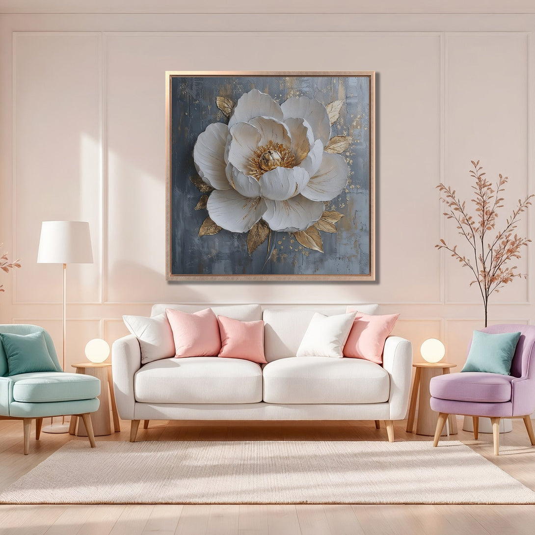Framed Wall Art: Elegant floral canvas print in a modern interior. Features a large white flower with gold accents on a gray background, soft pastel color palette.
