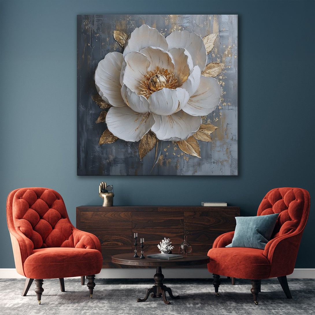 Framed Wall Art: Elegant floral canvas print in a modern interior. Features a stunning white flower with gold accents against a gray backdrop. Perfect home decor.