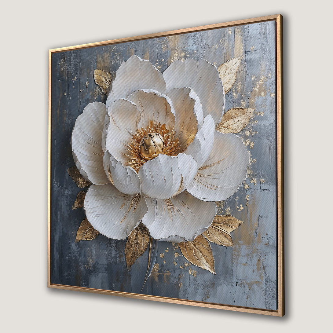 Framed Wall Art: Elegant white floral Canvas Print with gold accents on a textured gray background. Modern, sophisticated home decor.
