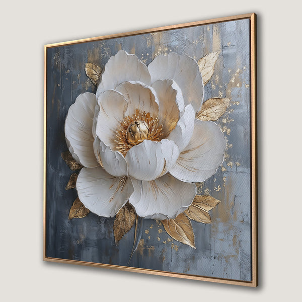 Framed Wall Art: Elegant white floral Canvas Print with gold accents on a textured gray background. Modern, sophisticated home decor.