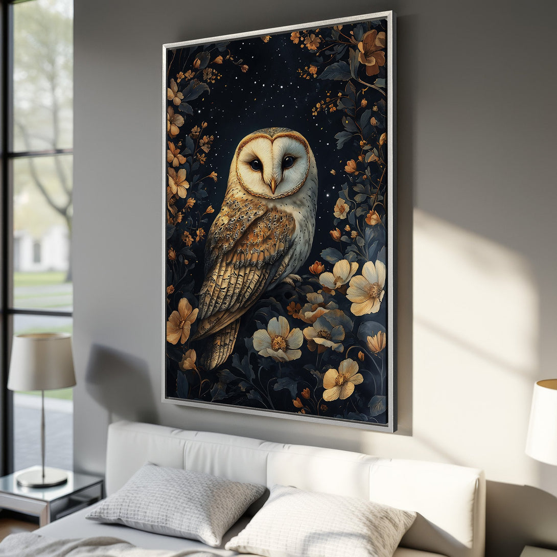 Framed Wall Art featuring a majestic owl surrounded by floral elements, with a dark blue and gold color palette. Perfect for adding a touch of nature's beauty to your home.