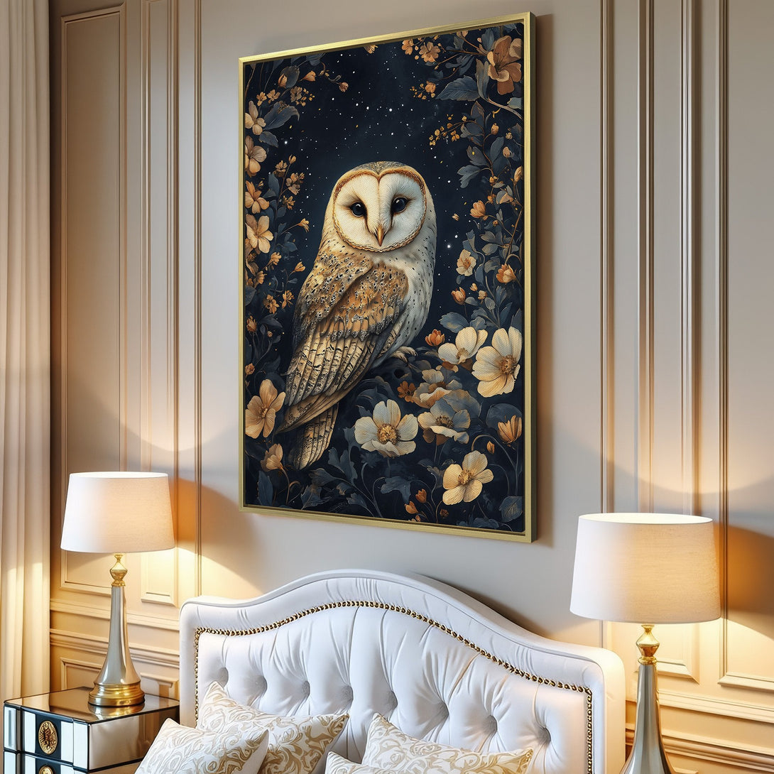 Canvas Print featuring a majestic owl in a floral design. Dark blue, gold, and cream color palette. Perfect wall art for a cozy living room.