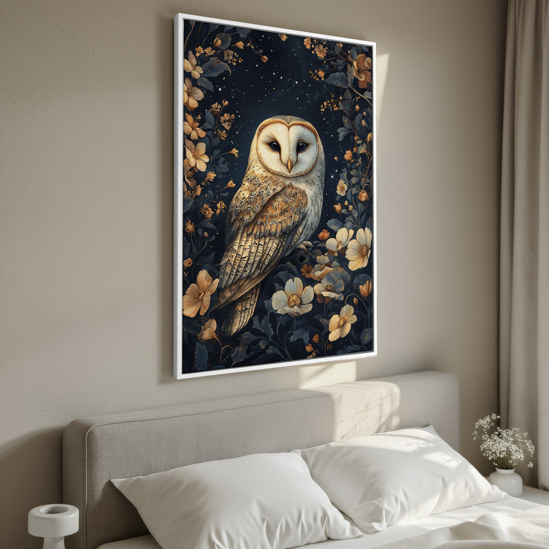 Framed Wall Art featuring a majestic owl in a floral night scene. Elegant, nature-inspired design with a dark blue, gold, and cream color palette. Perfect bedroom decor!
