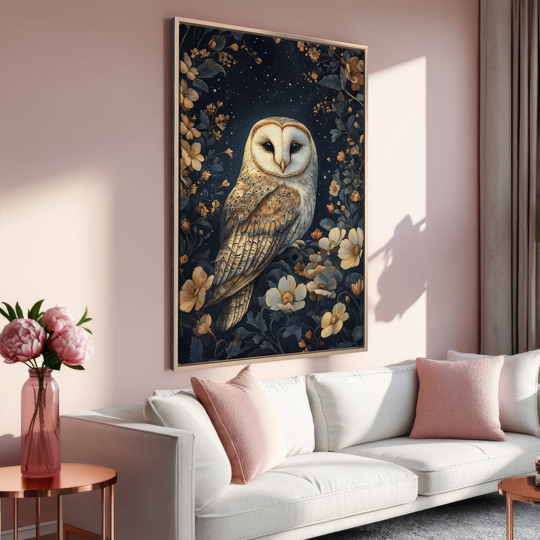 Framed Wall Art: Elegant owl portrait canvas print in a botanical style, featuring a dark blue and gold color palette. Perfect for adding a touch of nature to your home.