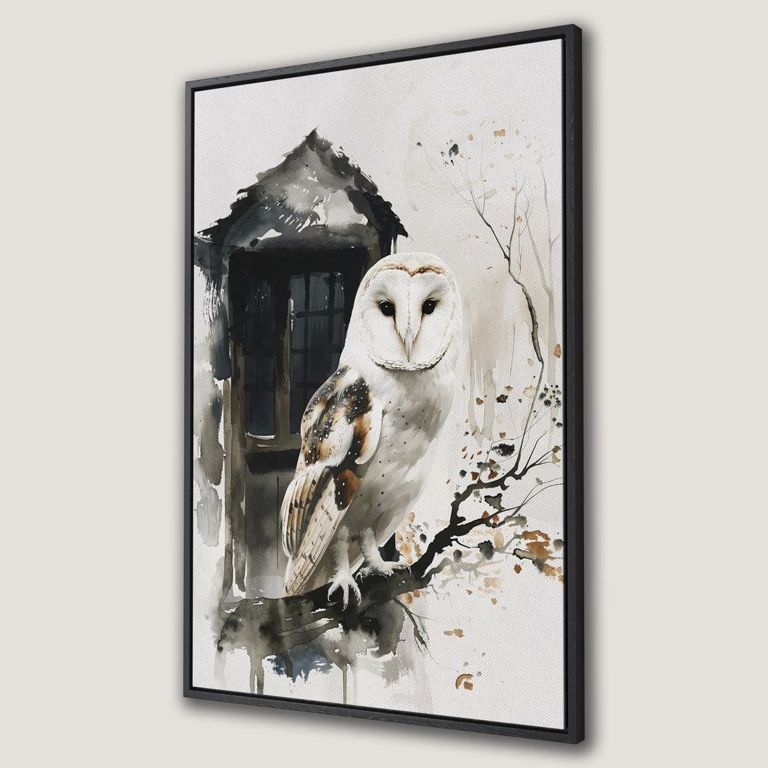 Framed Wall Art: Watercolor owl print in neutral tones. Elegant artwork for your home. Adds a touch of nature and sophistication to any space.