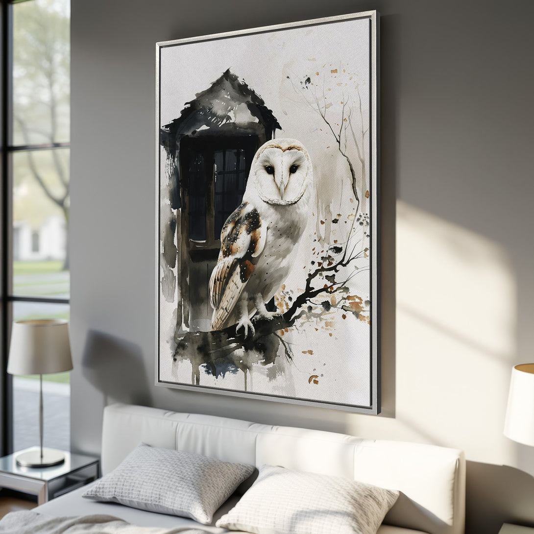 Framed Wall Art featuring a watercolor owl perched on a branch. Neutral color palette with black, white, and brown tones. Perfect for modern home decor.