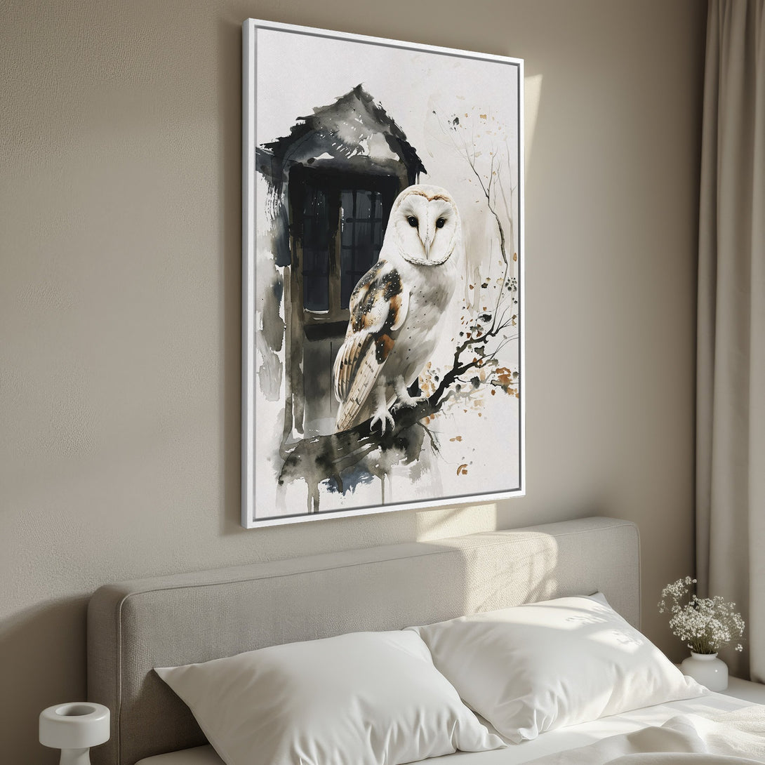 Framed Wall Art featuring a watercolor owl in neutral tones. Perfect for adding a touch of nature and elegance to your bedroom decor.