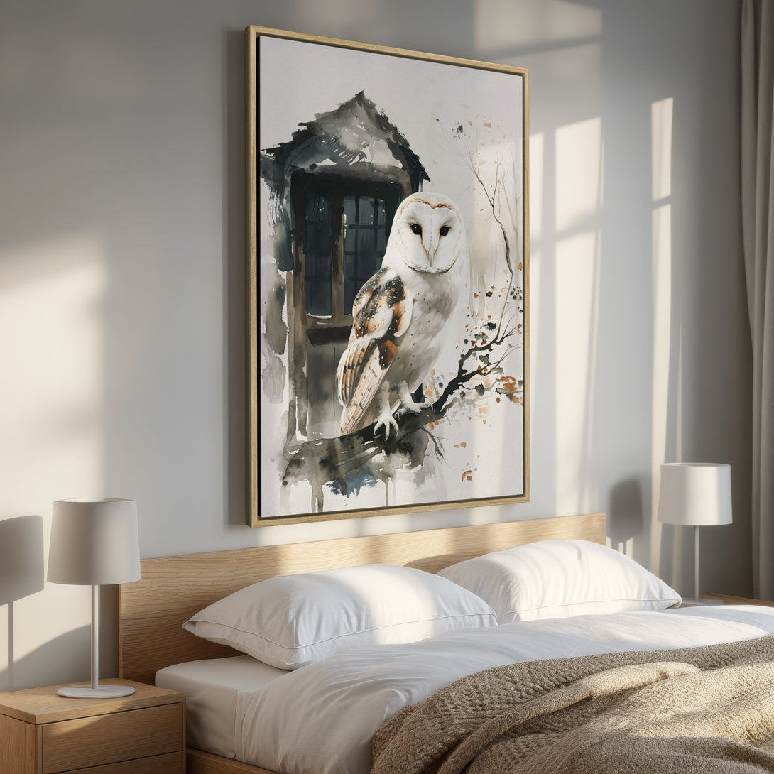 Framed Wall Art: Watercolor owl print in neutral tones. Perfect bedroom decor! Featuring a barn owl perched on a branch, adding a touch of nature.