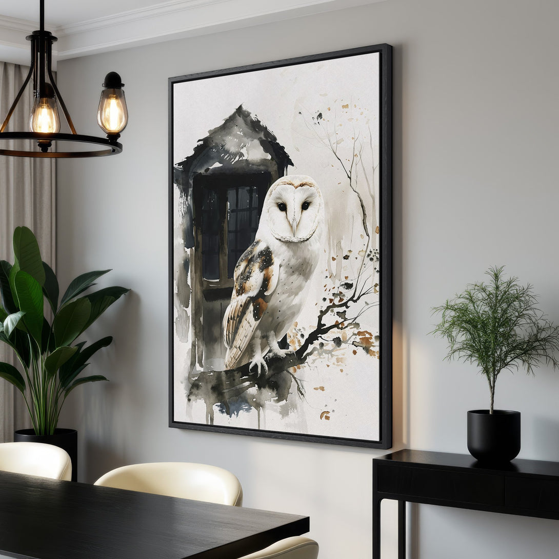 Framed Wall Art: Watercolor owl print in neutral tones. Modern farmhouse decor, perfect for living room or bedroom. Shop our Canvas Print collection today!