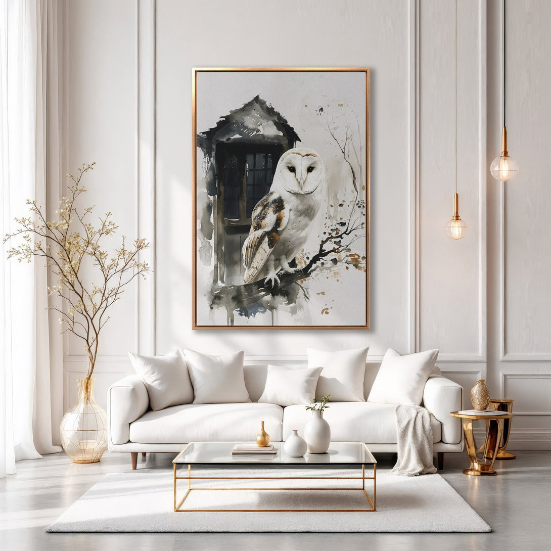 Framed Wall Art: Watercolor owl painting in a modern interior. Neutral color palette with gold accents. Perfect for adding a touch of elegance to your home.