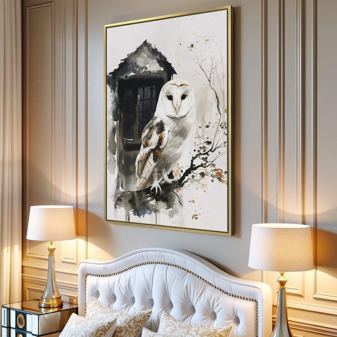Canvas Print: Watercolor owl art in neutral tones. Perfect wall decor for a calming, nature-inspired living room. Add a touch of elegance!