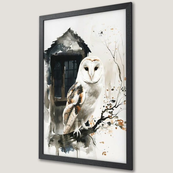 Framed Poster featuring a watercolor owl perched on a branch. Neutral color palette with black frame, perfect for home decor.