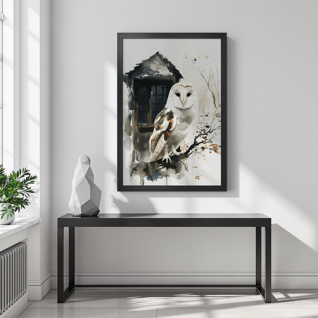 Framed Poster featuring a watercolor owl art print. Neutral color palette, perfect for modern home decor. Shop our art poster collection!
