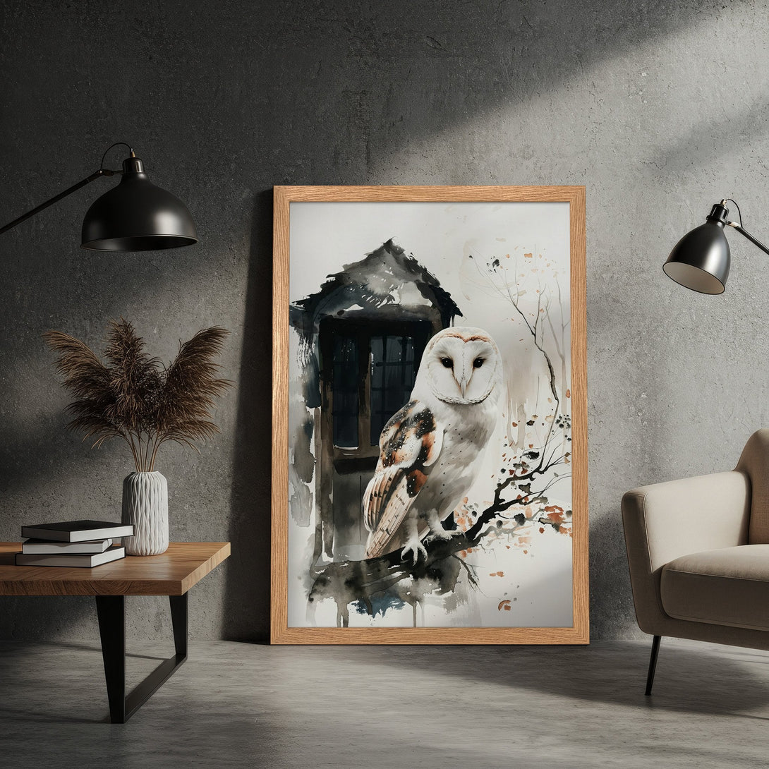 Framed Poster featuring a watercolor owl in neutral tones. Perfect wall art for a modern, stylish home.