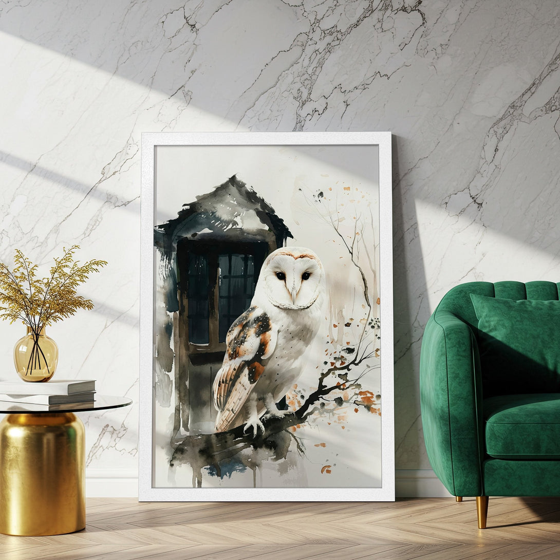 Framed Poster featuring a watercolor owl. Neutral tones with pops of orange and green. Perfect art for any space!
