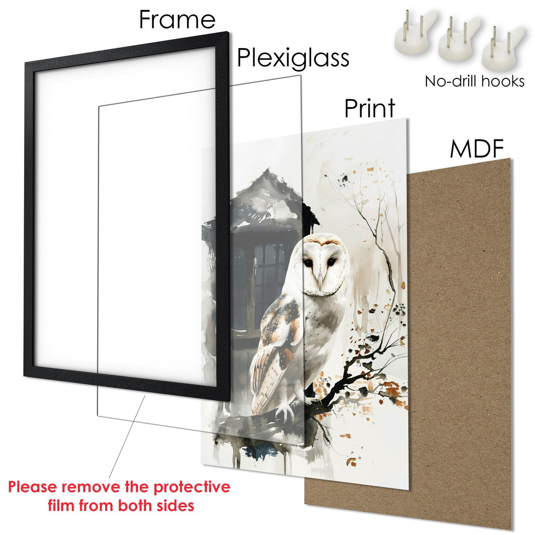 Framed Poster featuring a watercolor owl in neutral tones, perfect for adding a touch of nature-inspired art to your home.