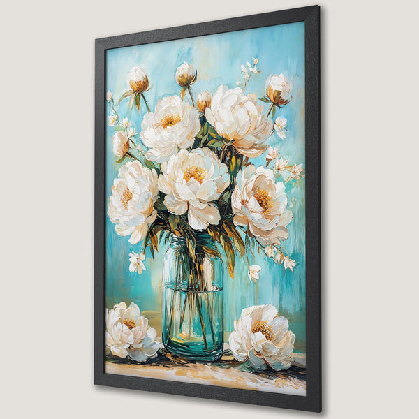 Framed Poster of white peonies in a vase, painted in an impressionistic style with a blue and cream color palette. Perfect wall art!