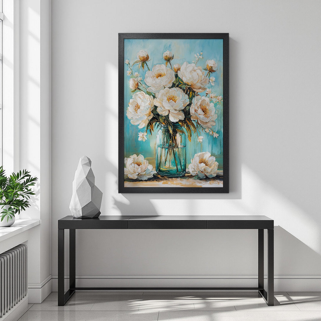 Framed Poster featuring white peonies in a vase, painted in an impressionistic style with a soft blue and neutral color palette. Perfect for home decor.