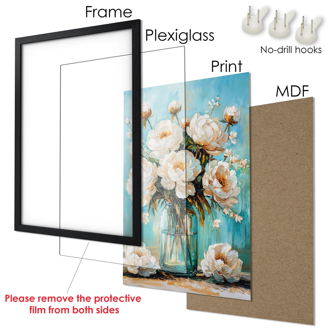 Framed Poster featuring a floral still life in a blue and white color palette. Elegant art print for home decor.