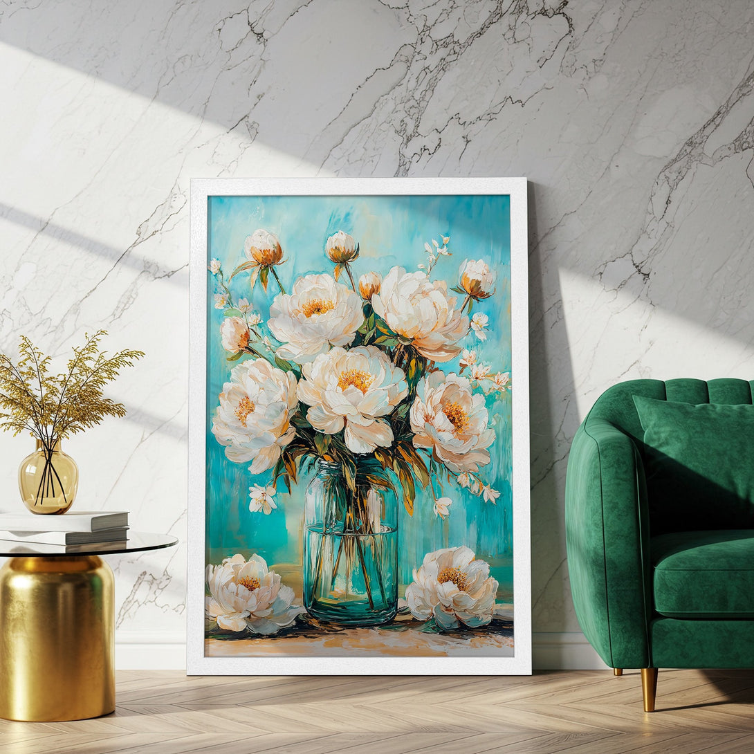 Framed Poster of white peonies in a vase, painted in a soft, impressionistic style with a teal and cream color palette.