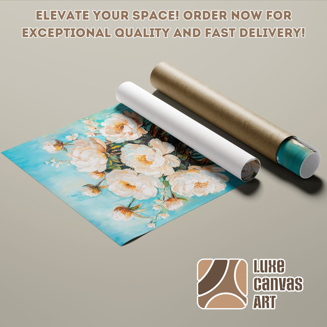 Floral Poster Roll with white peonies, teal & beige color palette. Order now!
