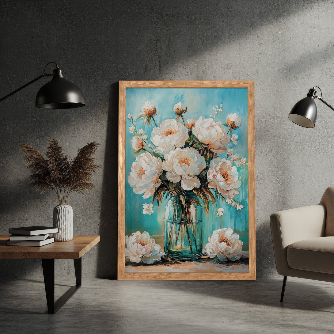Framed Poster featuring a floral still life in a soft, painterly style with a teal and cream color palette. Perfect wall art for any room!