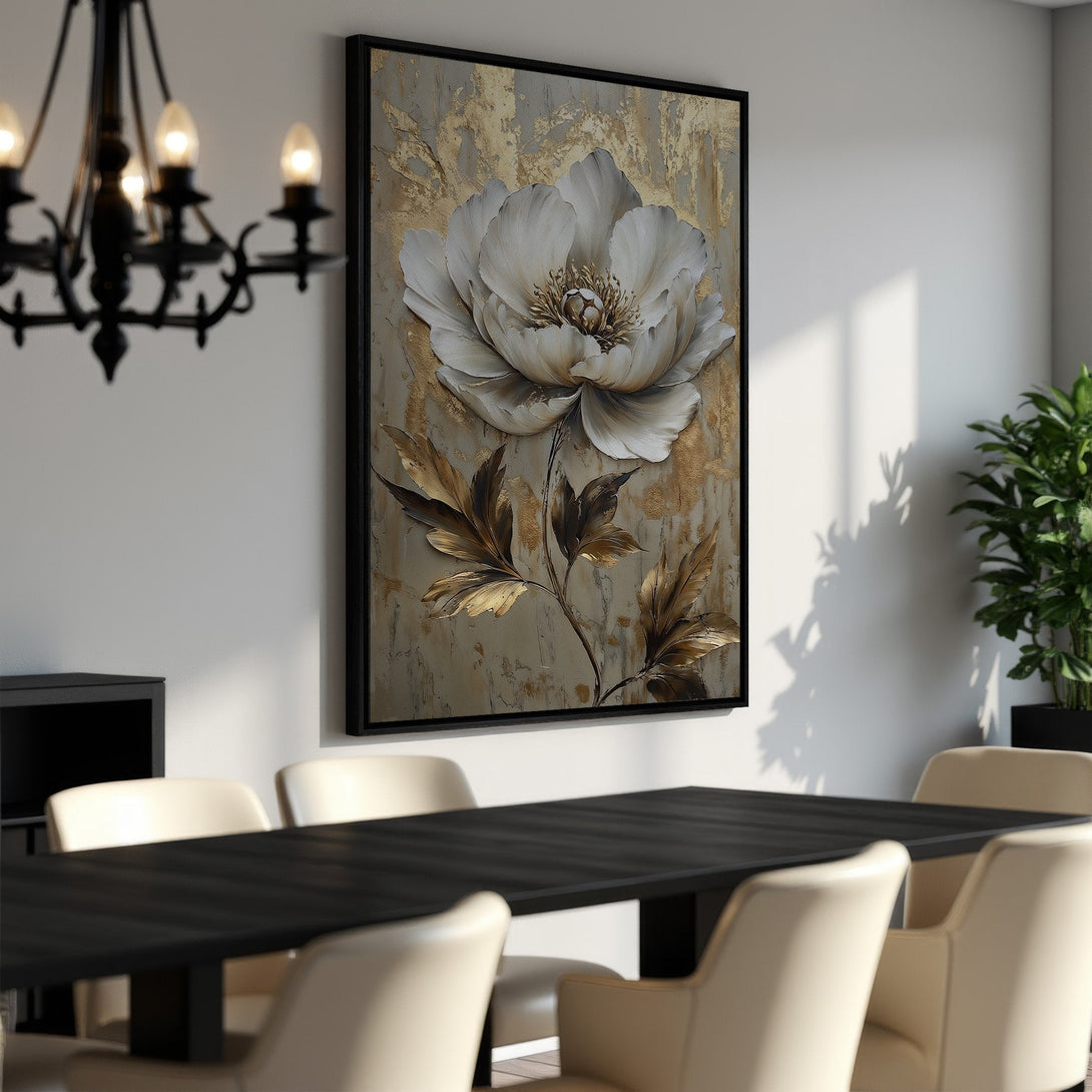 Framed Wall Art: Elegant white flower Canvas Print with gold accents. Modern floral art in neutral tones, perfect for dining room decor.