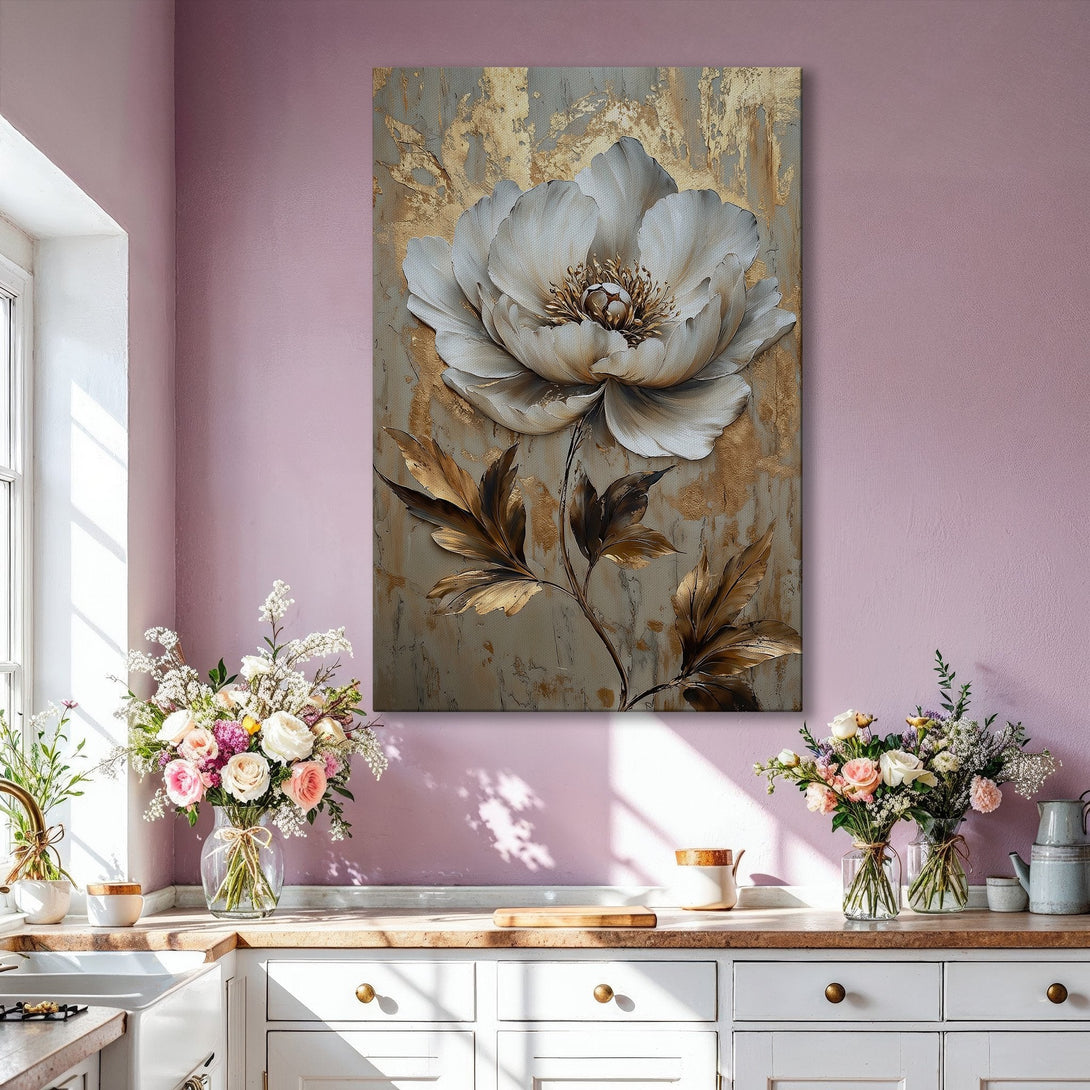 Framed Wall Art: Elegant floral Canvas Print in neutral tones with gold accents. Modern, sophisticated decor for living room or bedroom. Shop now!