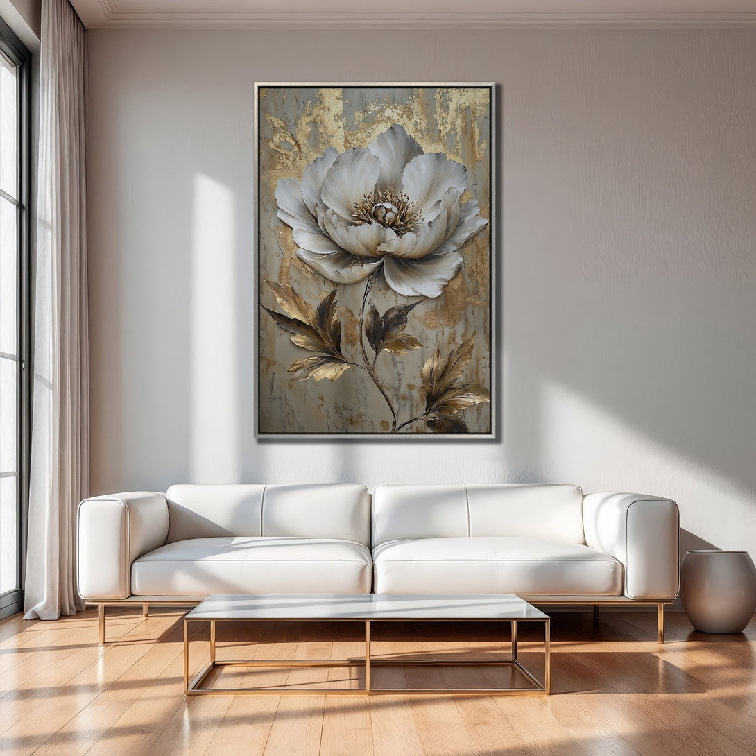 Framed Wall Art featuring a large white flower with gold accents. Elegant, modern canvas print in neutral tones, perfect for living room decor.