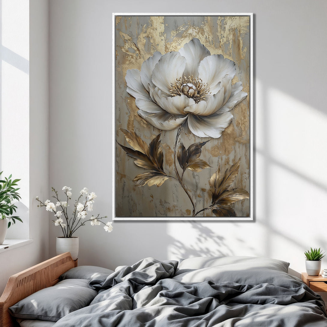 Framed Wall Art: Elegant white flower painting with gold accents. Perfect bedroom decor, neutral color palette. Enhance your space with this beautiful canvas print.