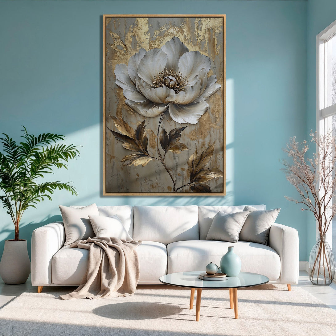Framed Wall Art featuring a large white floral design with gold accents. Modern art with a neutral and gold color palette. Perfect for living room decor.