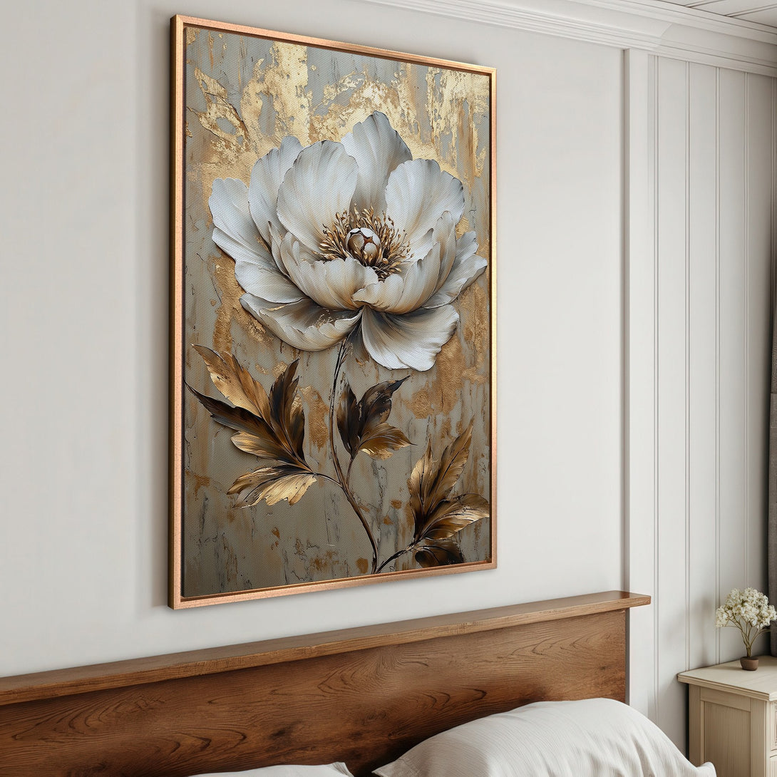 Framed Wall Art: Elegant white peony canvas print with gold accents. Perfect for bedroom decor. Neutral color palette adds sophistication to any space.